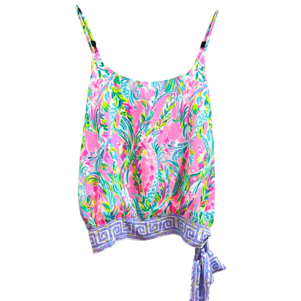 Lilly Pulitzer Florin Sleeveless Top Pink Blue Tropical Print Side Tie XS 005052
